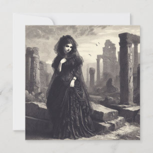 Tarjeta Mujer en negro en ruinas Ilustracion antiguo