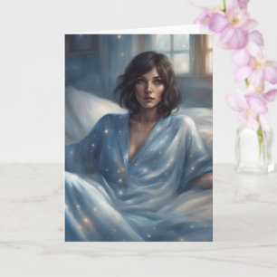 Tarjeta Mujer en pijama azul en blanco