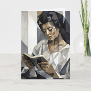 Tarjeta Mujer en su cumpleaños leyendo un libro en forma d