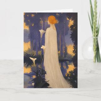 Tarjeta Mujer etérea Art Nouveau junto a calas iluminadas