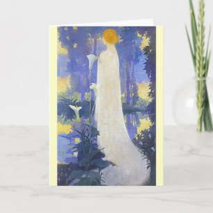 Tarjeta Mujer etérea Art Nouveau junto a calas iluminadas