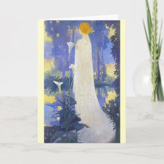 Tarjeta Mujer etérea Art Nouveau junto a calas iluminadas