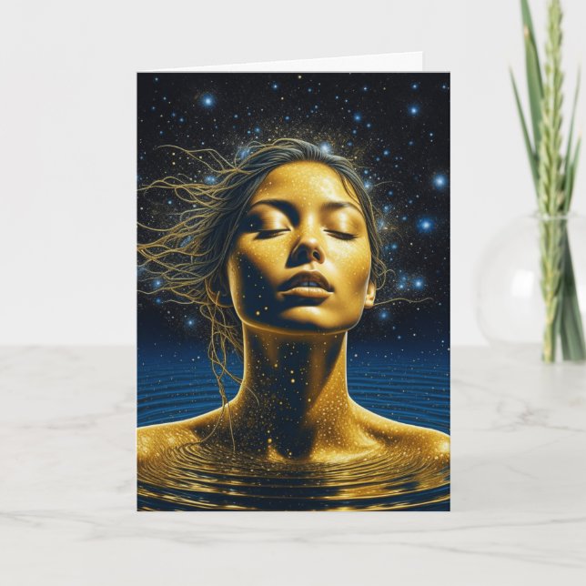 Tarjeta Mujer Etérea Meditando Bajo las Estrellas (Anverso)