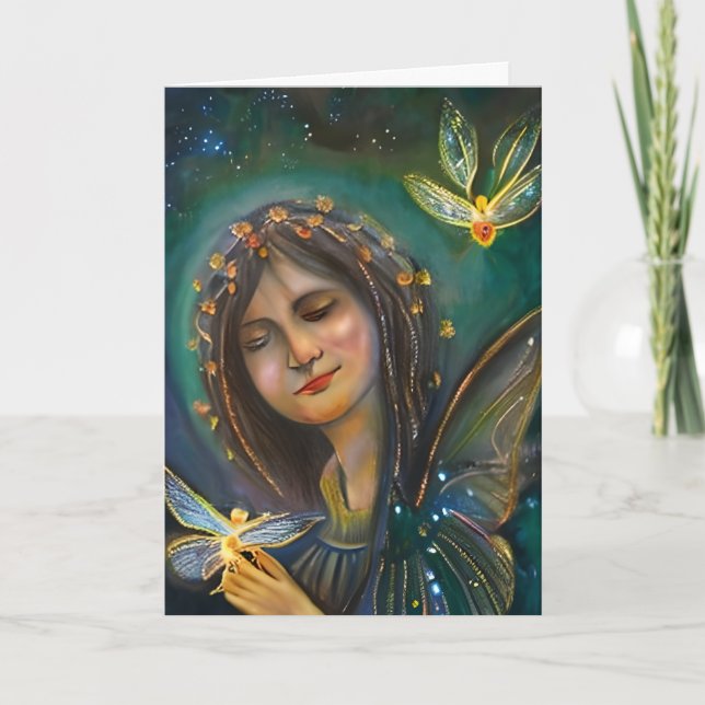 Tarjeta Mujer etérea sosteniendo mariposas de oro cumpleañ (Anverso)