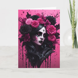 Tarjeta Mujer gótica San Valentín rosa y negro