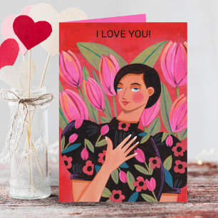 Tarjeta Mujer hermosa con corazón de tulipán Día de San Va
