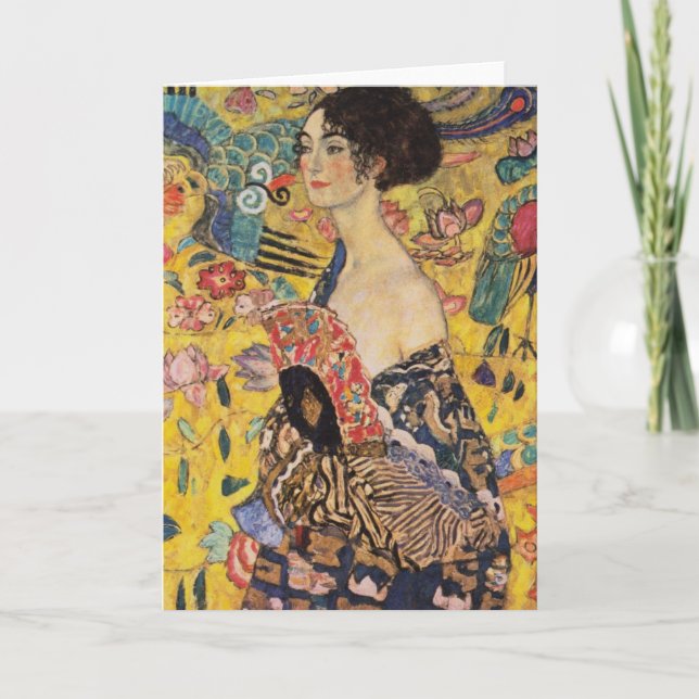 Tarjeta Mujer hermosa con ventilador de Klimt (Anverso)