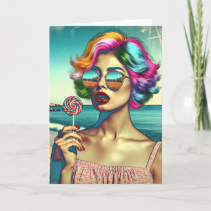 Tarjeta Mujer Hermosa del Arte Pop Retro con Piruleta