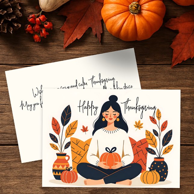 Tarjeta Mujer meditativa con calabaza feliz día de gracias (Subido por el creador)