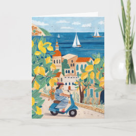 Tarjeta Mujer Mediterránea Ilustración Scooter Viaje