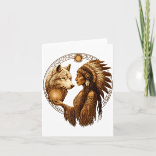 Tarjeta Mujer Nativa Americana India Con Lobo Blanco Vinta