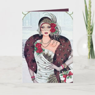 Tarjeta Mujer navideña Art Deco Retro vintage