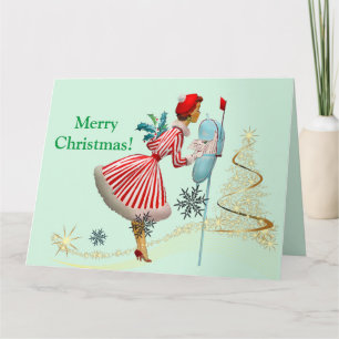 Tarjeta Mujer navideña de época con regalos en 1950