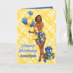 Tarjeta Mujer Negra Chic Cumpleaños Limón Azul y Amarillo