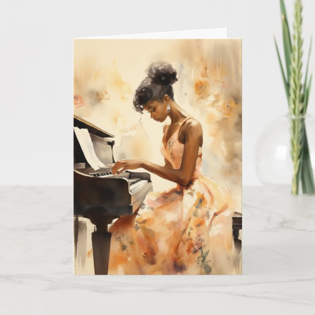 Tarjeta Mujer Negra Con Vestido Floral Jugando Un Piano (Anverso)
