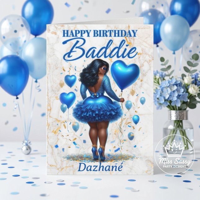 Tarjeta Mujer Negra Cumpleañera Malvada Floral Azul (Confident Black woman birthday card with glam blue balloons & festive confetti)