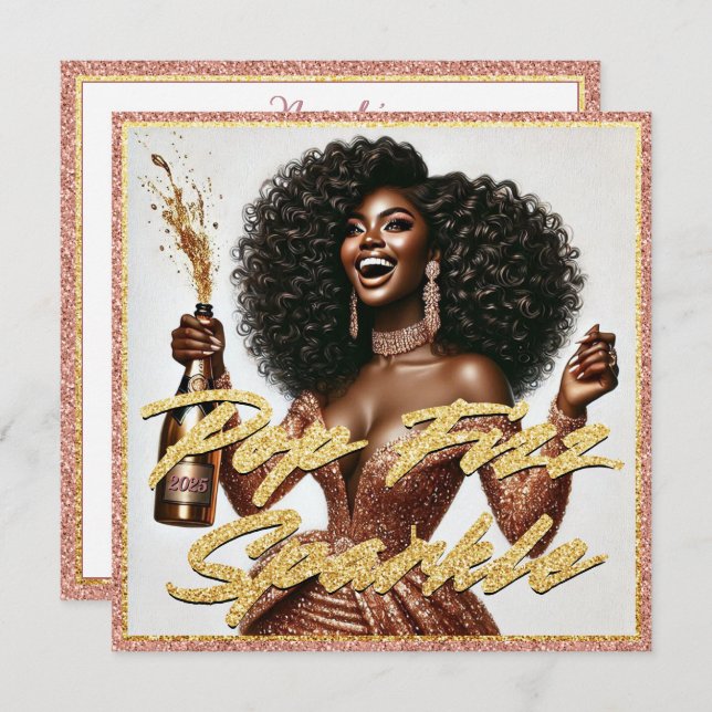 Tarjeta Mujer Negra Elegante Champagne Rosa de Oro de Año  (Anverso / Reverso)