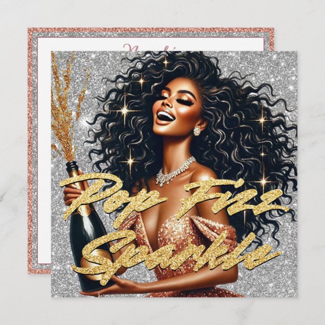 Tarjeta Mujer Negra Elegante Champán Rosa Dorado Año Nuevo (Anverso / Reverso)