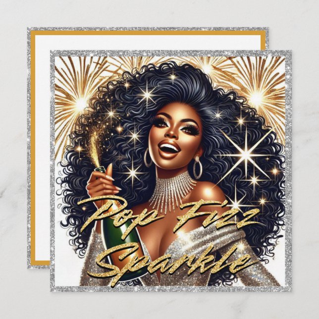 Tarjeta Mujer Negra Glamurosa Brindando con Champán Año Nu (Anverso / Reverso)