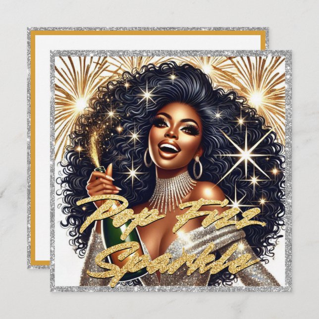 Tarjeta Mujer Negra Glamurosa Brindando con Champán en Año (Anverso / Reverso)