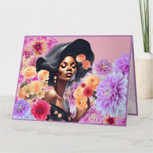 TARJETA MUJER NEGRA HERMOSA FLORES ROSADAS MARIPOSAS