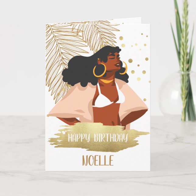 Tarjeta Mujer negra, hoja tropical de oro, cumpleaños (Anverso)
