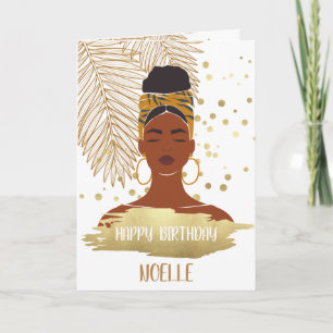 Tarjeta Mujer negra, hoja tropical de oro, cumpleaños