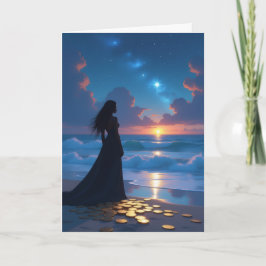 Tarjeta Mujer Negra Observando el Atardecer en la Playa –
