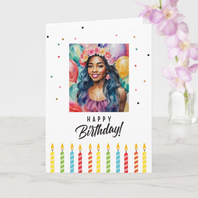 Tarjeta Mujer negra sonriendo feliz cumpleaños (Orquídea)