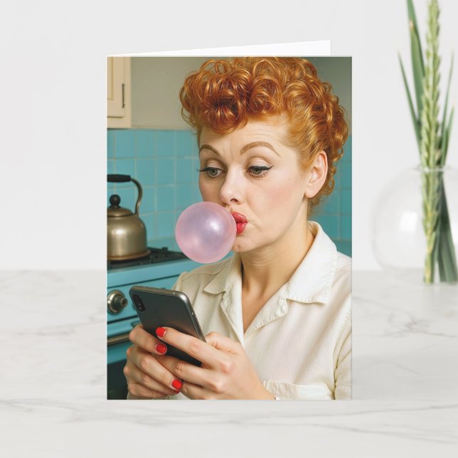 Tarjeta Mujer pelirroja retro de cumpleaños envejeciendo e (Anverso)