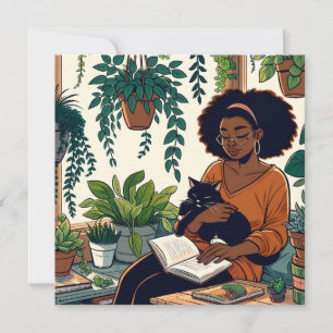 Tarjeta Mujer relajándose con gato, un buen libro y planta