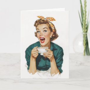 Tarjeta Mujer Retro Alegre Disfrutando Café