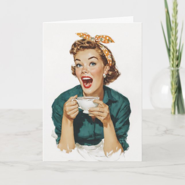Tarjeta Mujer Retro Alegre Disfrutando Café (Anverso)
