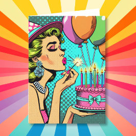 Tarjeta Mujer retro de arte pop celebrando un cumpleaños f