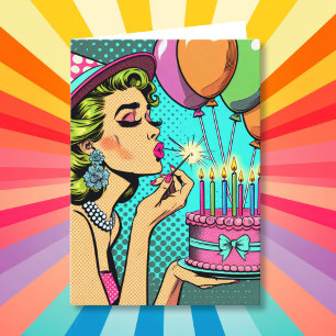 Tarjeta Mujer retro de arte pop celebrando un cumpleaños f