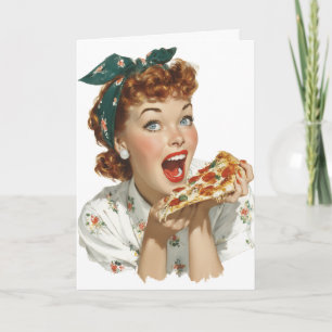Tarjeta Mujer Retro Disfrutando Rebanada de Pizza