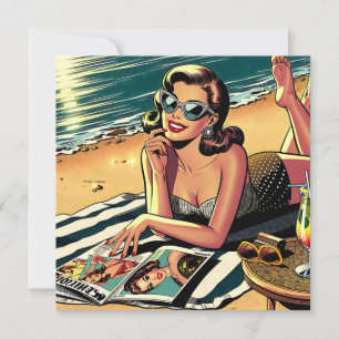 Tarjeta Mujer retro en la playa leyendo una revista de mod