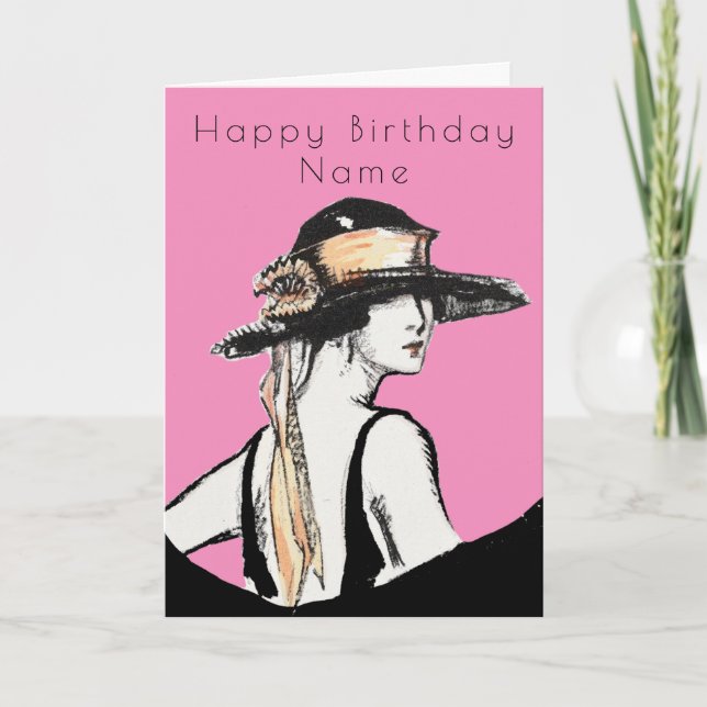 Tarjeta Mujer Retro Sombrero Negro Cumpleaños Rosa Art Déc (Anverso)