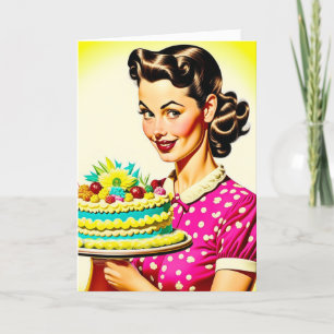 Tarjeta Mujer retro sosteniendo el cumpleaños de un marido