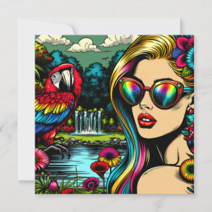 Tarjeta Mujer Retro y Loro en el Parque Pop Art