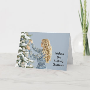 Tarjeta Mujer Rubia Decorando Árbol de Navidad