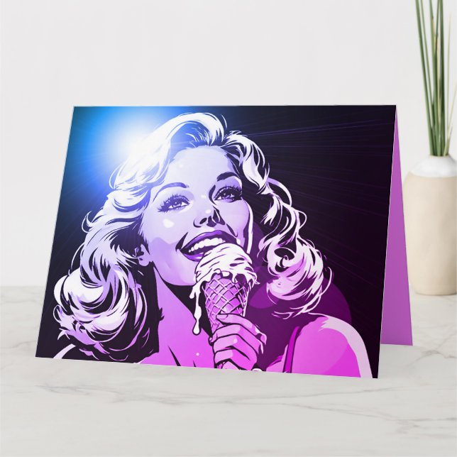 Tarjeta Mujer rubia disfrutando de su helado (Anverso)