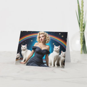 Tarjeta Mujer rubia gatos blancos en blanco en todas las o
