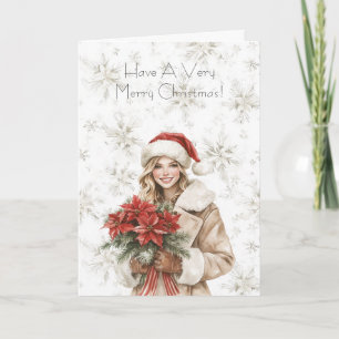 Tarjeta Mujer Rubia Navidad Copos de Nieve Flor Poinsettia