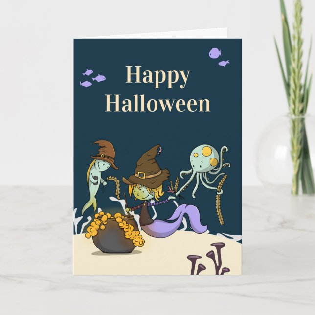 Tarjeta Mujer sirena haciendo poemas Halloween (Anverso)