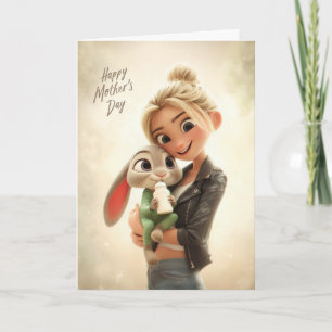 Tarjeta Mujer sosteniendo conejito bebé en el día de la ma