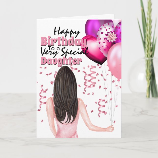 Tarjeta Mujer sosteniendo globos rosados fiesta de confeti (Anverso)