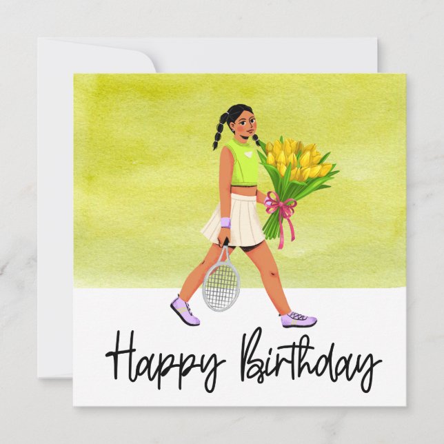 Tarjeta Mujer tenista con muchas flores (Anverso)