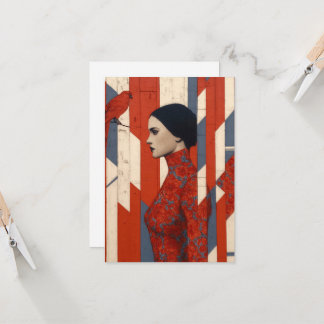 Tarjeta Mujer vestida con flores rojas y pájaro rojo