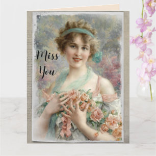 Tarjeta Mujer victoriana con rosas sobre fondo de acuarela